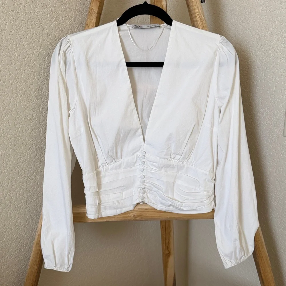 Zara White Button-Front Deep V Blouse